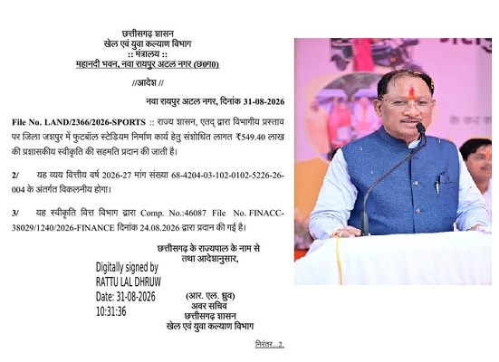 जशपुर में आधुनिक फुटबॉल स्टेडियम के निर्माण के लिए 5.49 करोड़ रुपये की प्रशासकीय स्वीकृति