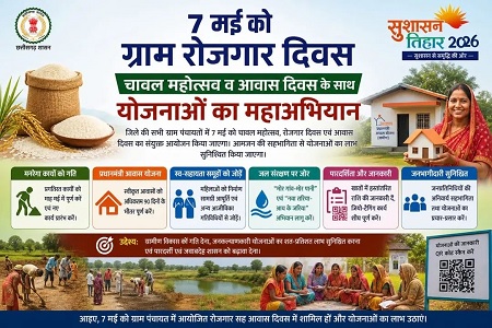 सुशासन तिहार : 07 मई को ग्राम पंचायतों में चावल महोत्सव, रोजगार और आवास दिवस का त्रिवेणी संगम