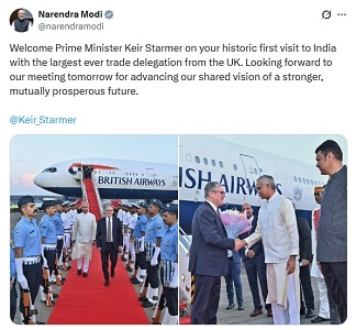 प्रधानमंत्री नरेन्‍द्र मोदी ने ब्रिटेन के प्रधानमंत्री कीर स्टारमर का भारत यात्रा पर हार्दिक स्वागत किया