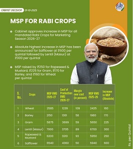 कैबिनेट ने 2026-27 सीजन के लिए सभी रबी फसलों के एमएसपी में बढ़ोतरी को मंजूरी दी